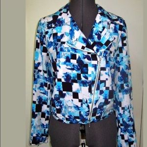 NEW MAGASCHONI NEW YORK LADIES CASUAL MOTO BOMBER JACKET 100% SILK BLUE FLORAL 0